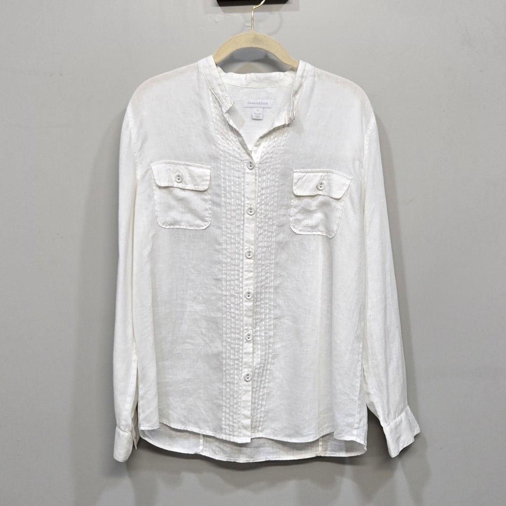 Charter Club Linen Shirt Top Size 12 White Pintuck Coastal Euro Summer Boho Chic